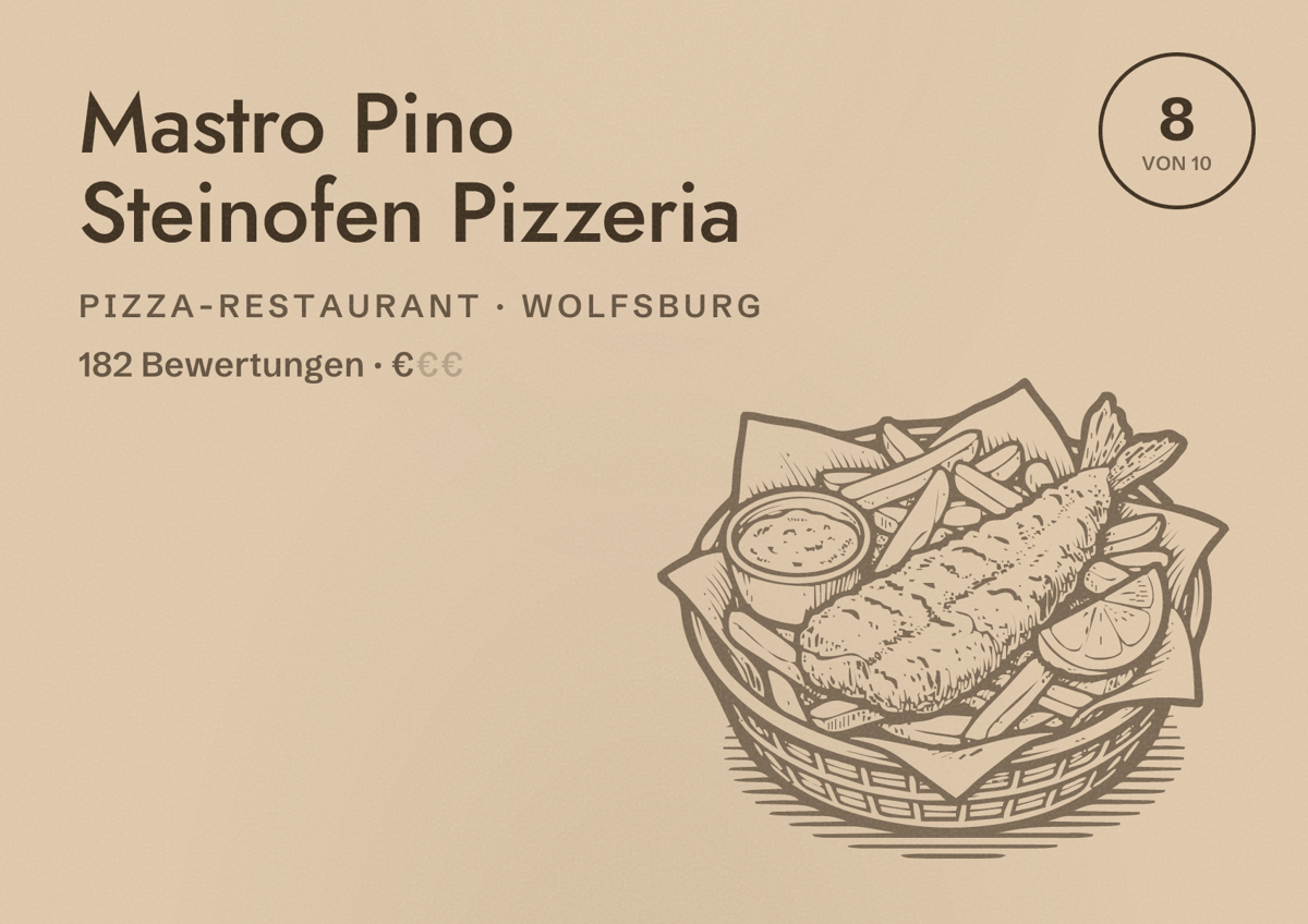 Illustriertes Poster von Mastro Pino Steinofen Pizzeria, Pizza-Restaurant in Wolfsburg: Bewertung 8 von 10 aus 182 Bewertungen, Preisniveau €