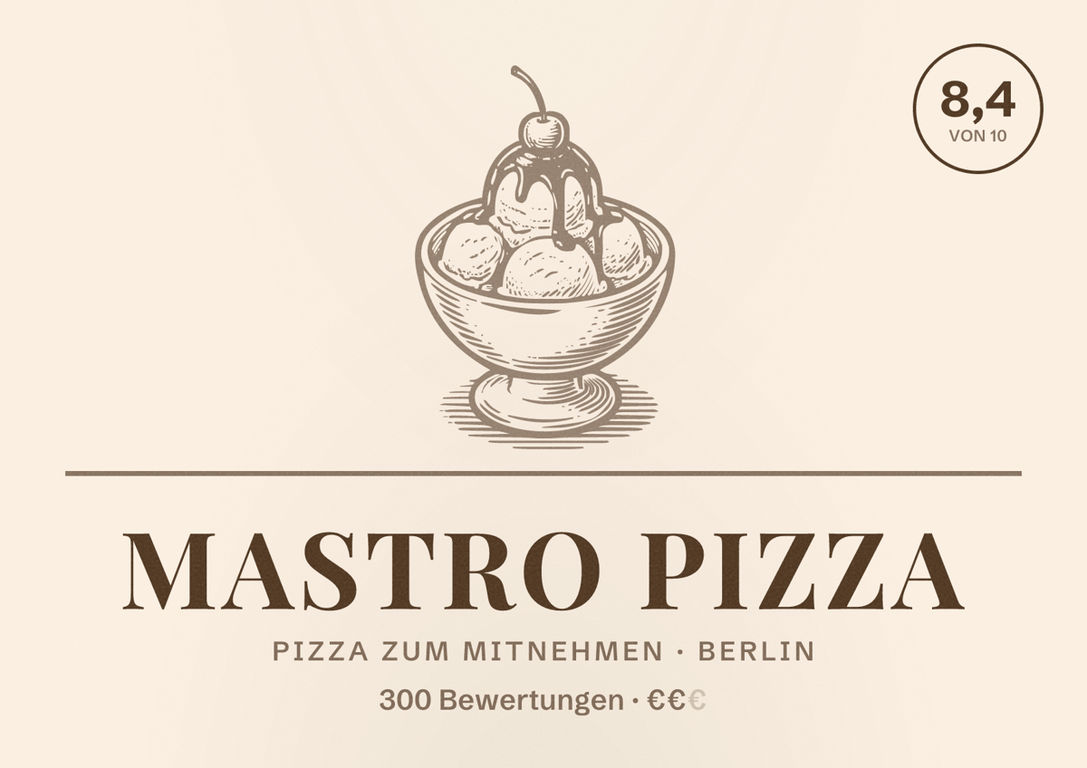 Illustriertes Poster von Mastro Pizza, Pizza zum Mitnehmen in Berlin: Bewertung 8,4 von 10 aus 300 Bewertungen, Preisniveau €€