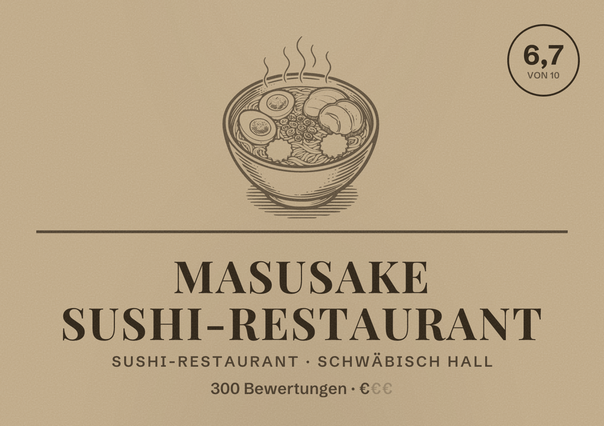 Illustriertes Poster von Masusake Sushi-Restaurant, Sushi-Restaurant in Schwäbisch Hall: Bewertung 6,7 von 10 aus 300 Bewertungen, Preisniveau €