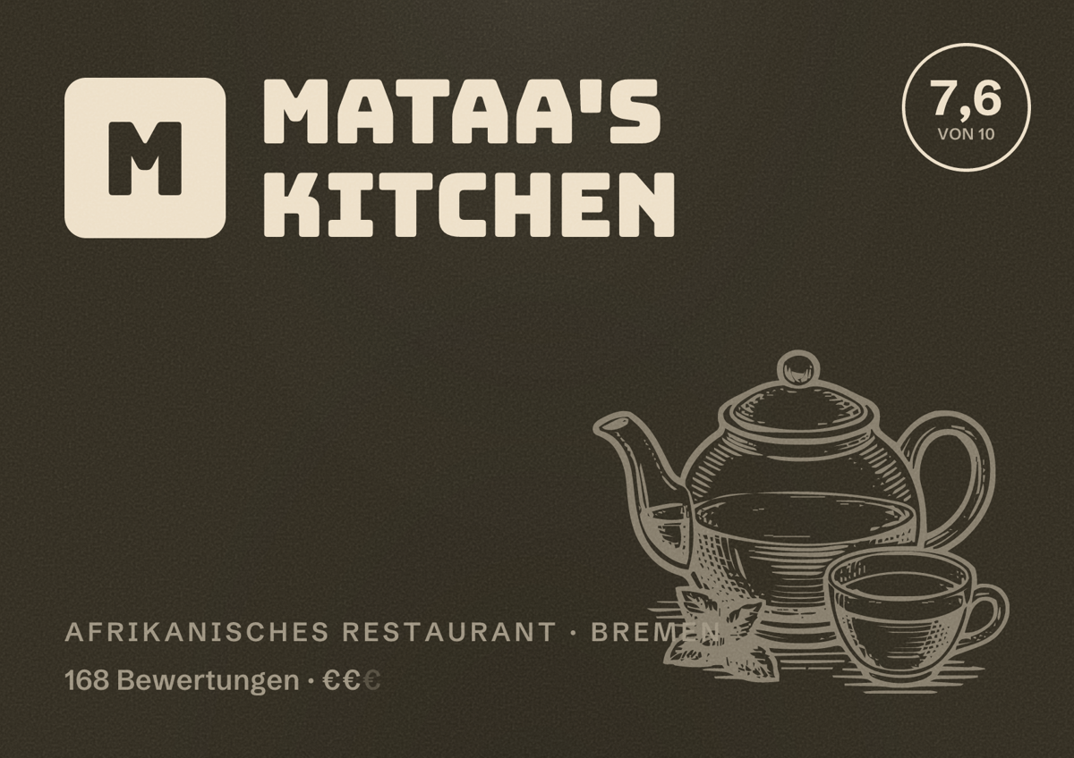 Illustriertes Poster von Mataa's Kitchen, Afrikanisches Restaurant in Bremen: Bewertung 7,6 von 10 aus 168 Bewertungen, Preisniveau €€