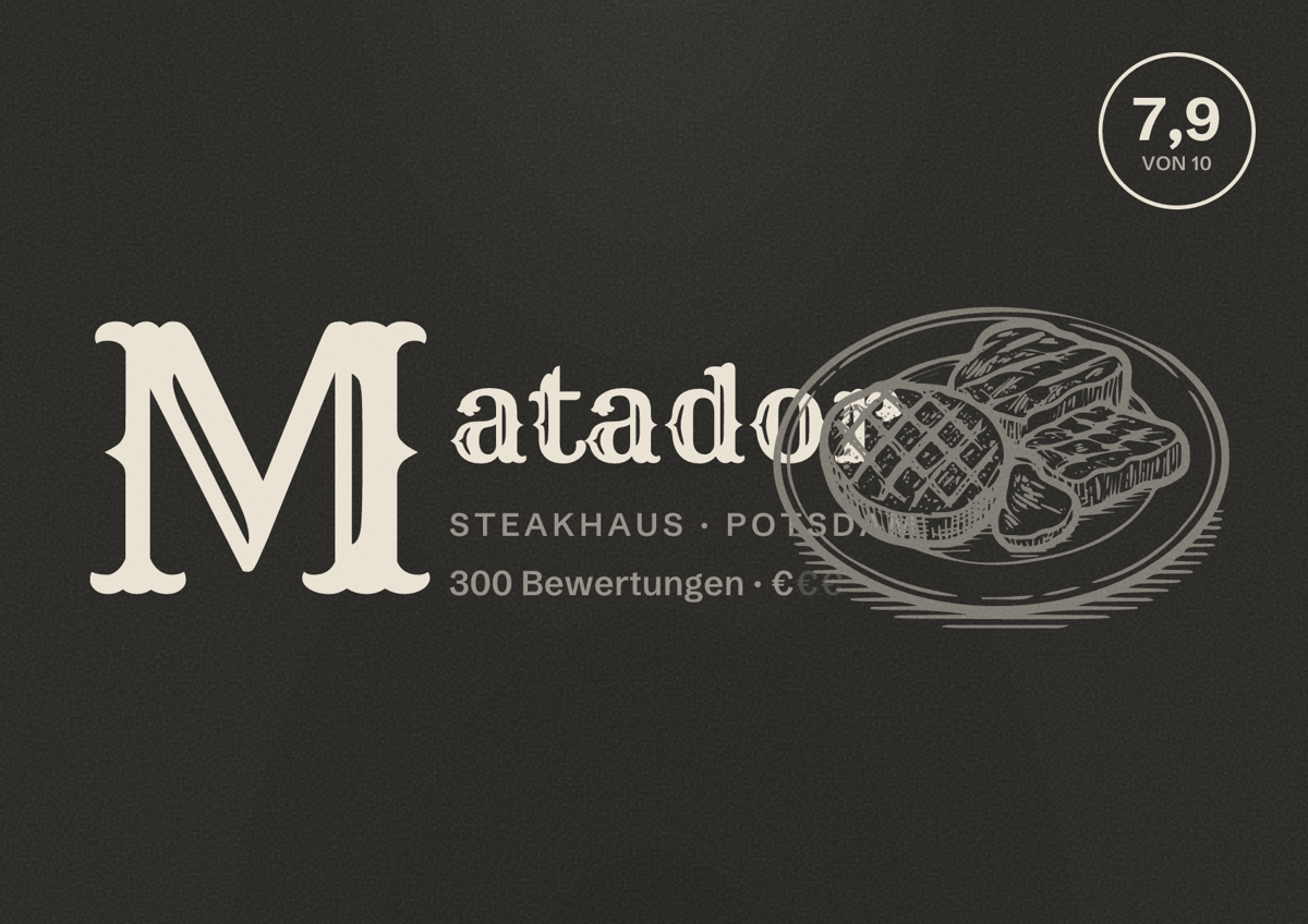 Illustriertes Poster von Matador, Steakhaus in Potsdam: Bewertung 7,9 von 10 aus 300 Bewertungen, Preisniveau €