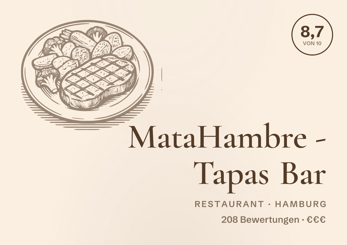 Illustriertes Poster von MataHambre - Tapas Bar, Restaurant in Hamburg: Bewertung 8,7 von 10 aus 208 Bewertungen, Preisniveau €€€