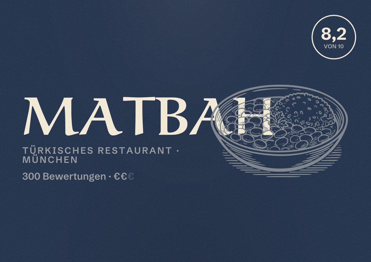 Illustriertes Poster von MATBAH, Türkisches Restaurant in München: Bewertung 8,2 von 10 aus 300 Bewertungen, Preisniveau €€
