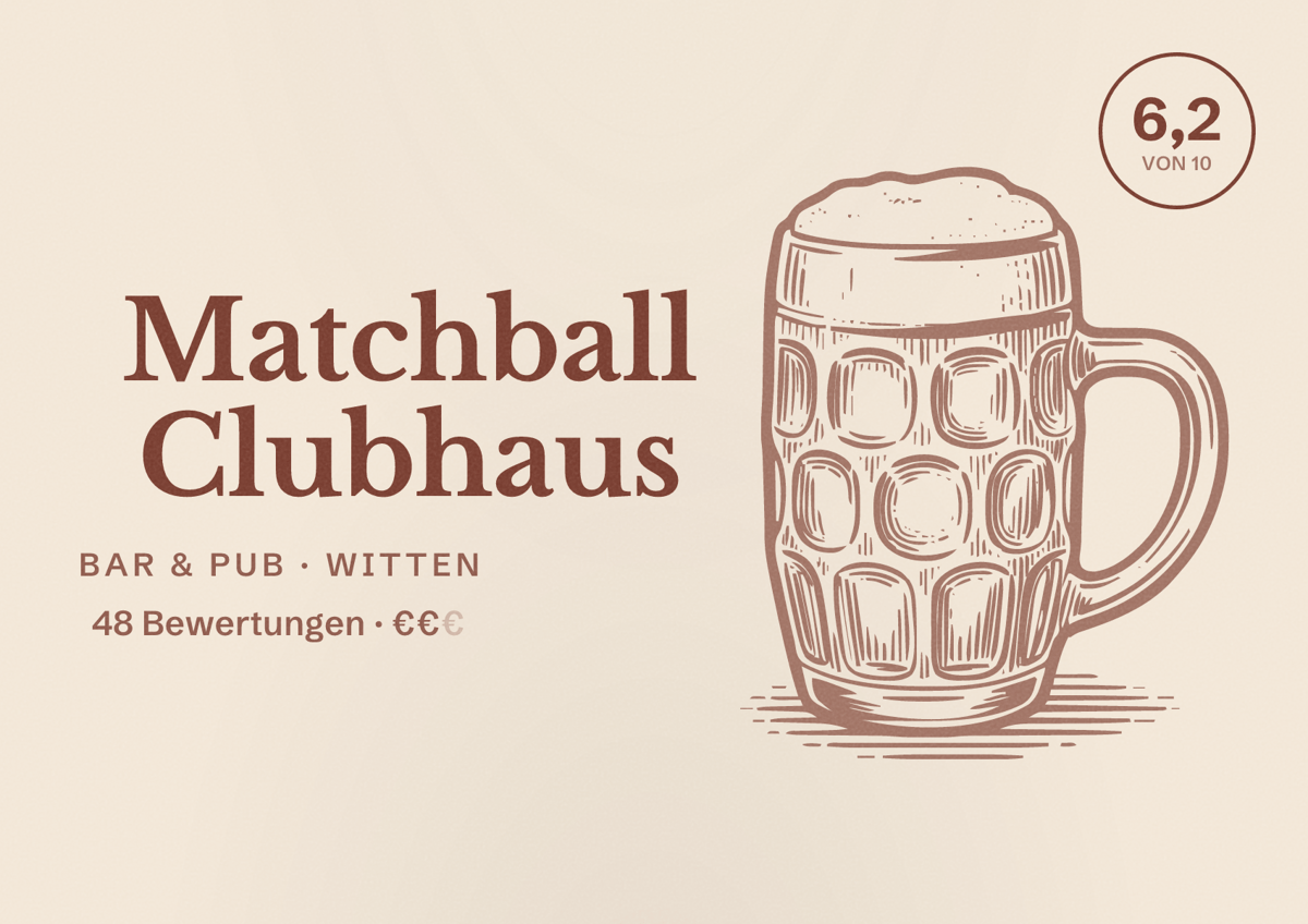Illustriertes Poster von Matchball Clubhaus, Bar & Pub in Witten: Bewertung 6,2 von 10 aus 48 Bewertungen, Preisniveau €€