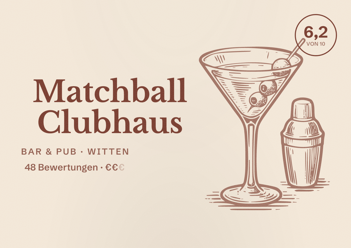 Illustriertes Poster von Matchball Clubhaus, Bar & Pub in Witten: Bewertung 6,2 von 10 aus 48 Bewertungen, Preisniveau €€