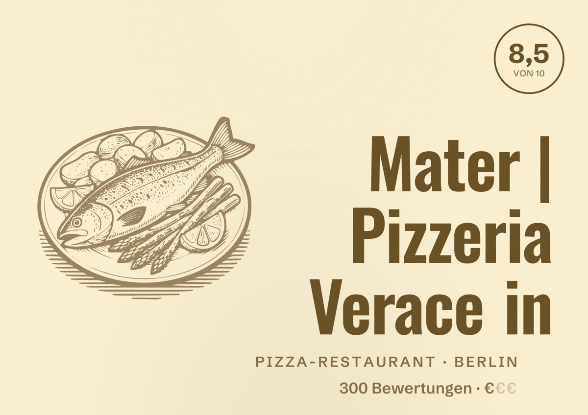 Illustriertes Poster von Mater | Pizzeria Verace in, Pizza-Restaurant in Berlin: Bewertung 8,5 von 10 aus 300 Bewertungen, Preisniveau €