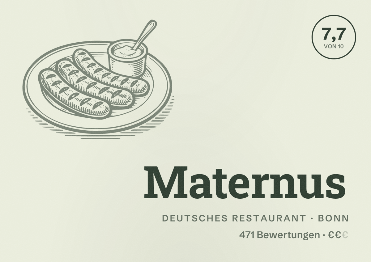 Illustriertes Poster von Maternus, Deutsches Restaurant in Bonn: Bewertung 7,7 von 10 aus 471 Bewertungen, Preisniveau €€