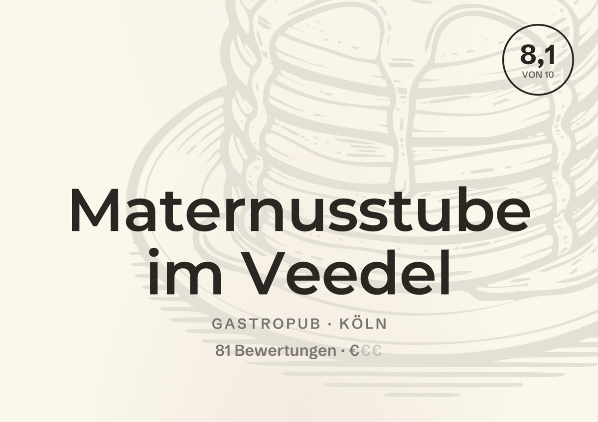 Illustriertes Poster von Maternusstube im Veedel, Gastropub in Köln: Bewertung 8,1 von 10 aus 81 Bewertungen, Preisniveau €