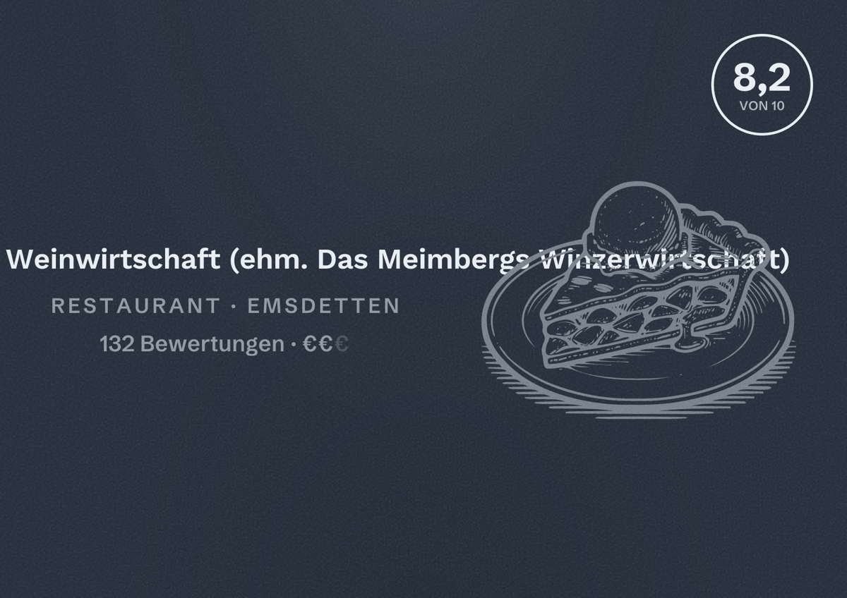 Illustriertes Poster von Mathias Meimberg Weinwirtschaft (ehm. Das Meimbergs Winzerwirtschaft), Restaurant in Emsdetten: Bewertung 8,2 von 10 aus 132 Bewertungen, Preisniveau €€