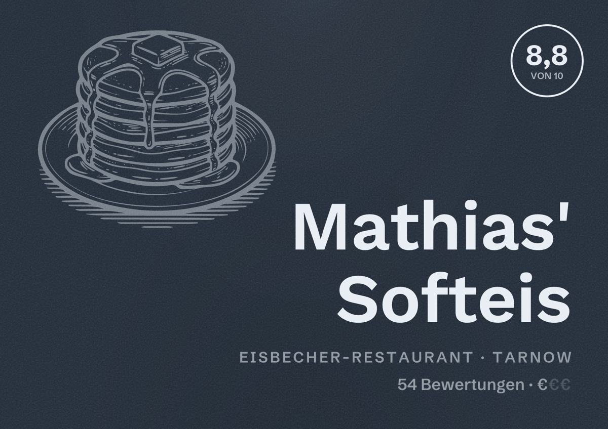 Illustriertes Poster von Mathias' Softeis, Eisbecher-Restaurant in Tarnow: Bewertung 8,8 von 10 aus 54 Bewertungen, Preisniveau €