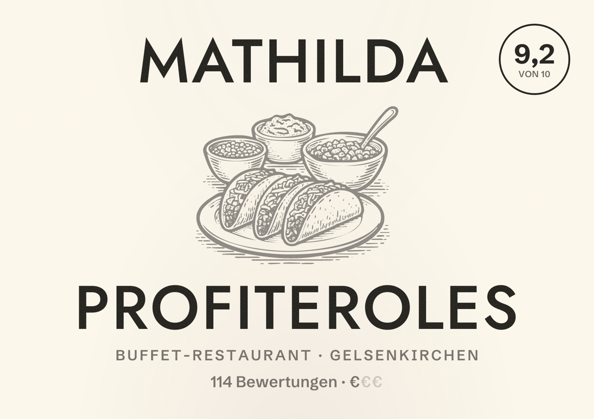 Illustriertes Poster von Mathilda Profiteroles, Buffet-Restaurant in Gelsenkirchen: Bewertung 9,2 von 10 aus 114 Bewertungen, Preisniveau €