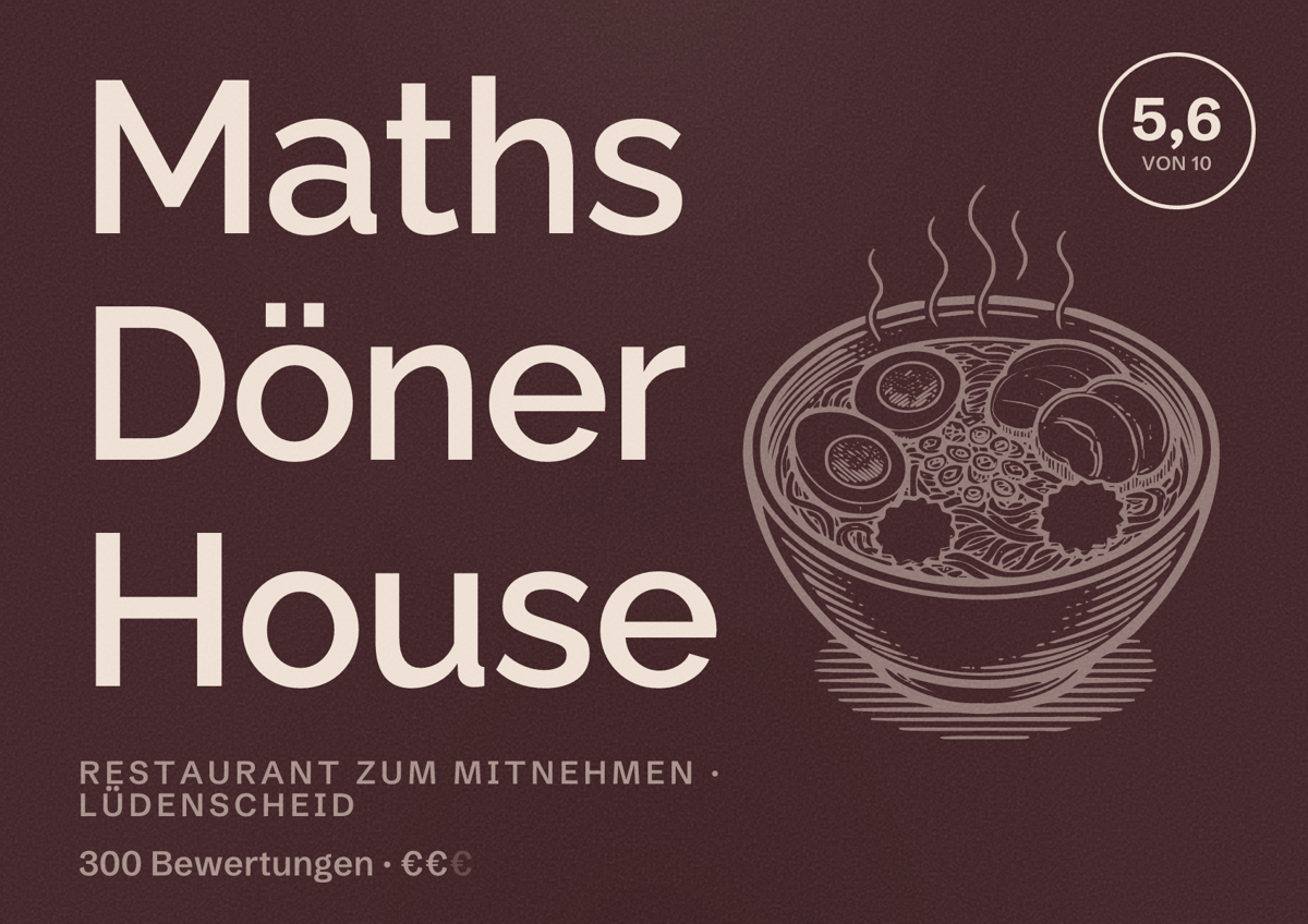 Illustriertes Poster von Maths Döner House, Restaurant zum Mitnehmen in Lüdenscheid: Bewertung 5,6 von 10 aus 300 Bewertungen, Preisniveau €€