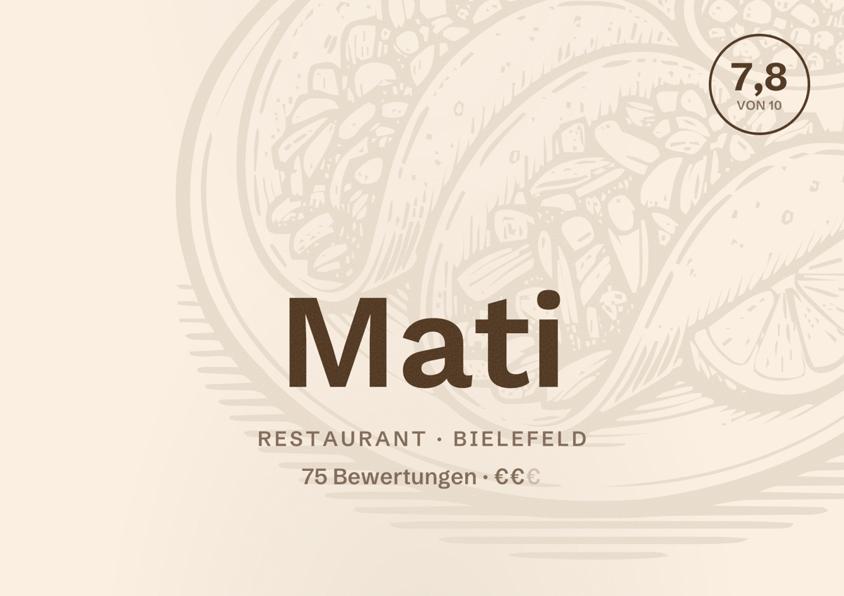 Illustriertes Poster von Mati, Restaurant in Bielefeld: Bewertung 7,8 von 10 aus 75 Bewertungen, Preisniveau €€