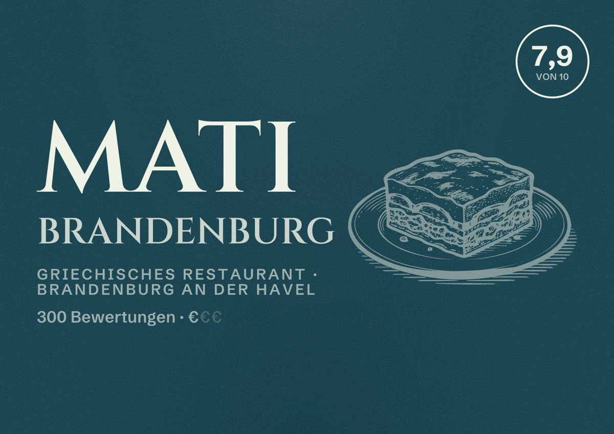 Illustriertes Poster von Mati Brandenburg, Griechisches Restaurant in Brandenburg an der Havel: Bewertung 7,9 von 10 aus 300 Bewertungen, Preisniveau €