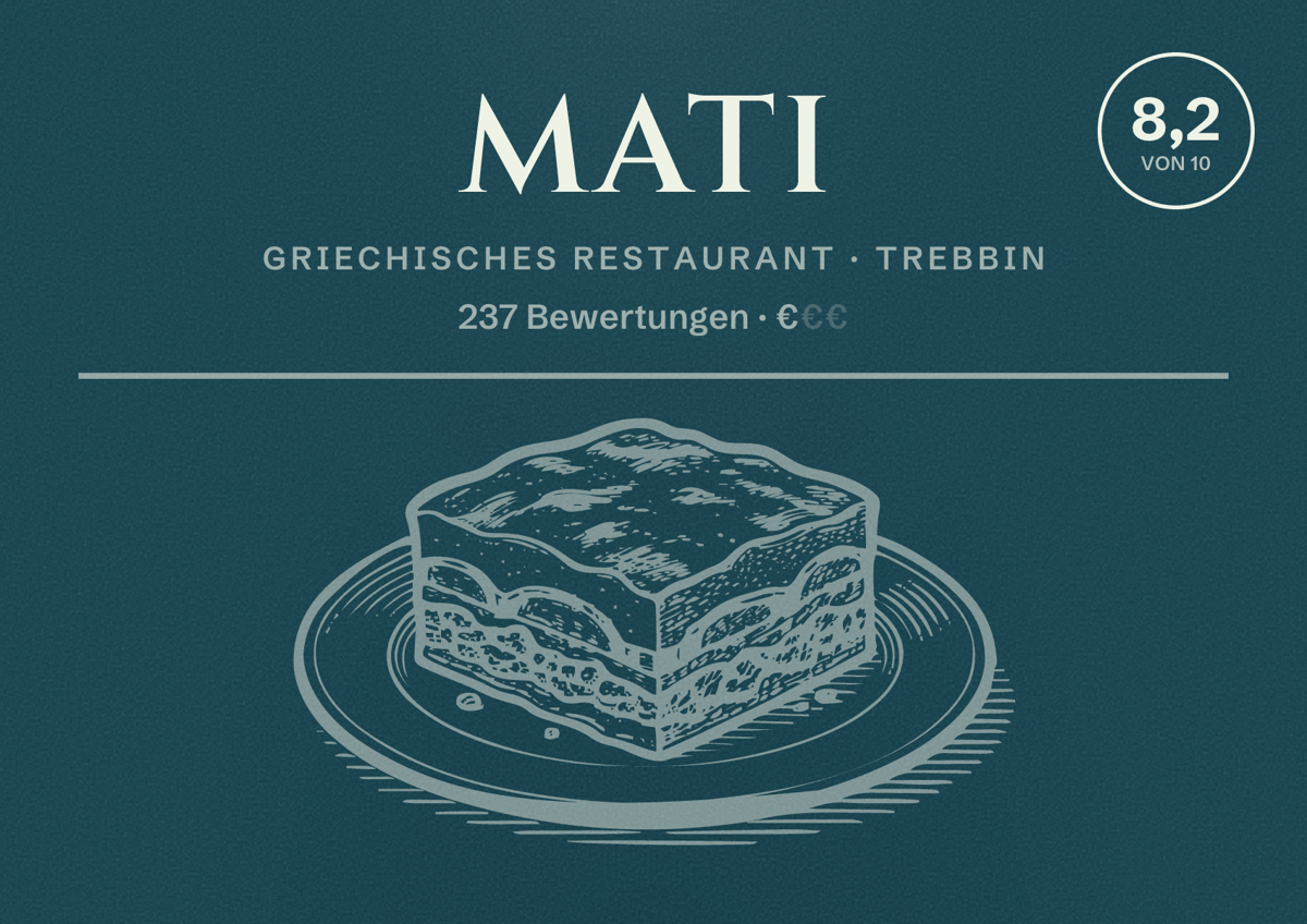 Illustriertes Poster von Mati, Griechisches Restaurant in Trebbin: Bewertung 8,2 von 10 aus 237 Bewertungen, Preisniveau €