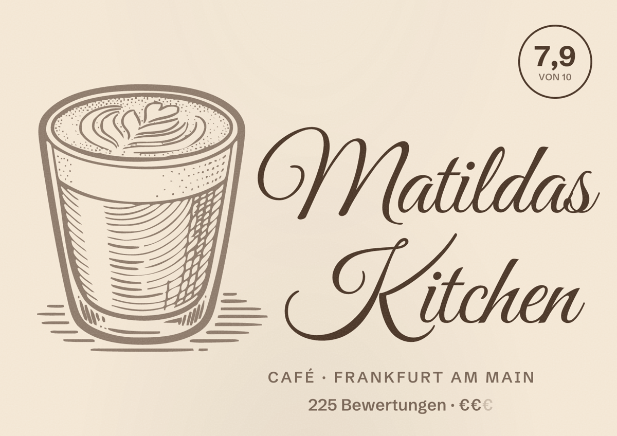 Illustriertes Poster von Matildas Kitchen, Café in Frankfurt am Main: Bewertung 7,9 von 10 aus 225 Bewertungen, Preisniveau €€