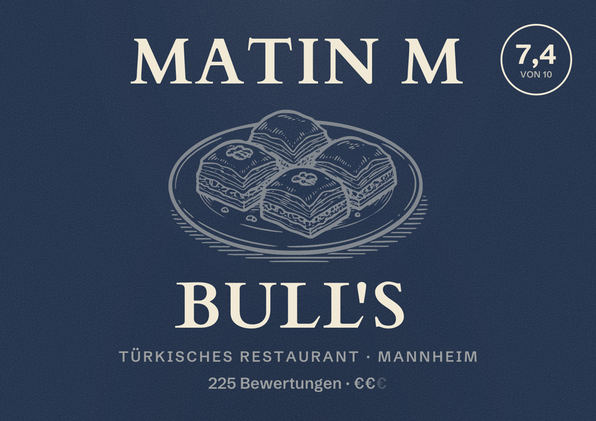 Illustriertes Poster von Matin M Bull's, Türkisches Restaurant in Mannheim: Bewertung 7,4 von 10 aus 225 Bewertungen, Preisniveau €€
