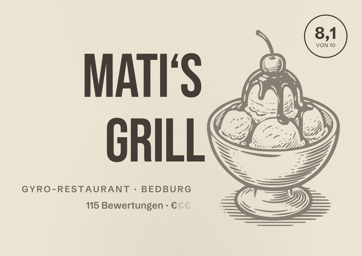 Illustriertes Poster von Mati‘s Grill, Gyro-Restaurant in Bedburg: Bewertung 8,1 von 10 aus 115 Bewertungen, Preisniveau €