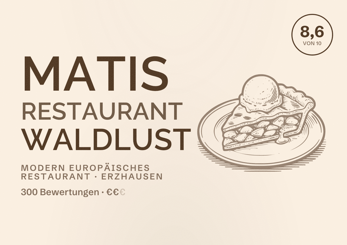 Illustriertes Poster von Matis Restaurant Waldlust, Modern europäisches Restaurant in Erzhausen: Bewertung 8,6 von 10 aus 300 Bewertungen, Preisniveau €€