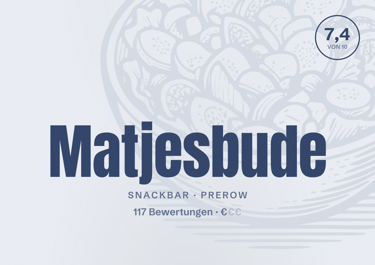 Illustriertes Poster von Matjesbude, Snackbar in Prerow: Bewertung 7,4 von 10 aus 117 Bewertungen, Preisniveau €