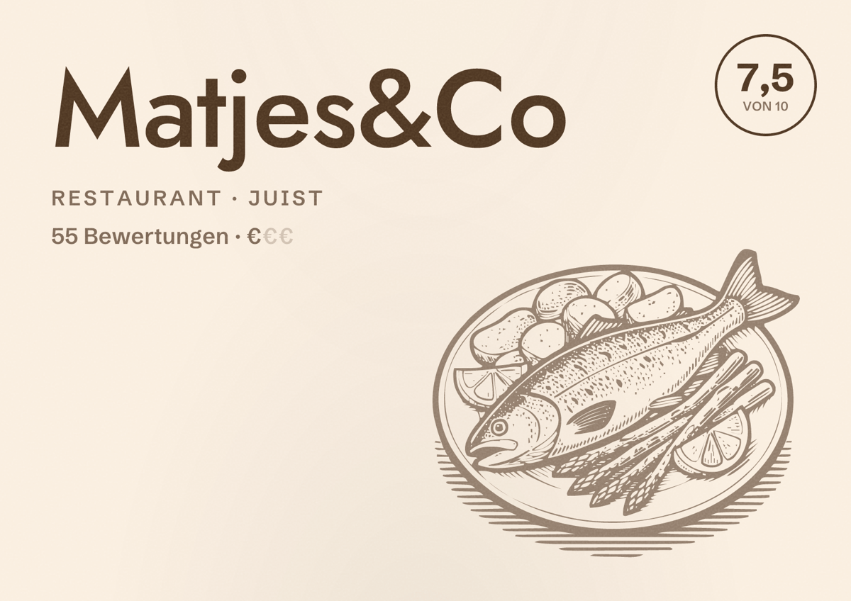 Illustriertes Poster von Matjes&Co, Restaurant in Juist: Bewertung 7,5 von 10 aus 55 Bewertungen, Preisniveau €