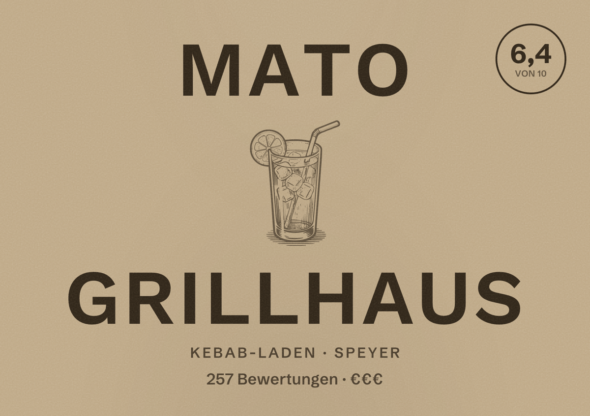 Illustriertes Poster von Mato Grillhaus, Kebab-Laden in Speyer: Bewertung 6,4 von 10 aus 257 Bewertungen, Preisniveau €€€