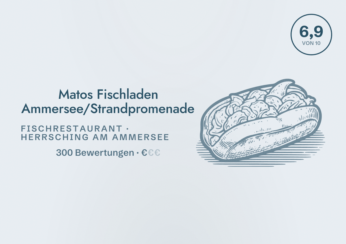 Illustriertes Poster von Matos Fischladen Ammersee/Strandpromenade, Fischrestaurant in Herrsching am Ammersee: Bewertung 6,9 von 10 aus 300 Bewertungen, Preisniveau €