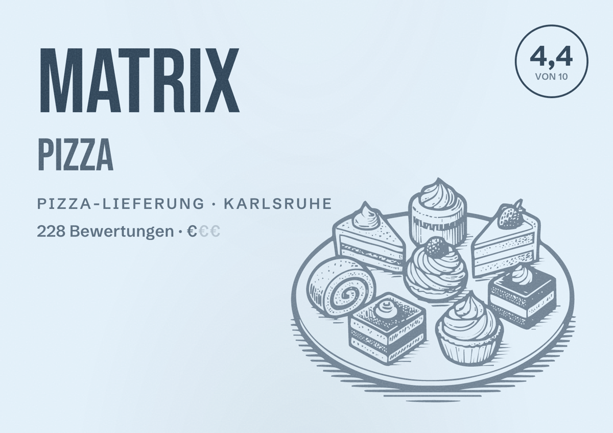 Illustriertes Poster von Matrix Pizza, Pizza-Lieferung in Karlsruhe: Bewertung 4,4 von 10 aus 228 Bewertungen, Preisniveau €