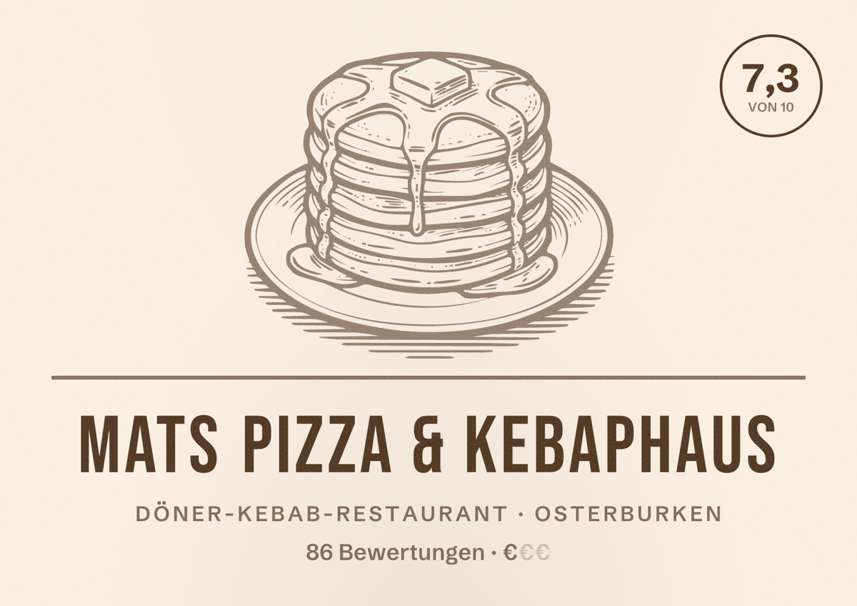 Illustriertes Poster von Mats Pizza & Kebaphaus, Döner-Kebab-Restaurant in Osterburken: Bewertung 7,3 von 10 aus 86 Bewertungen, Preisniveau €