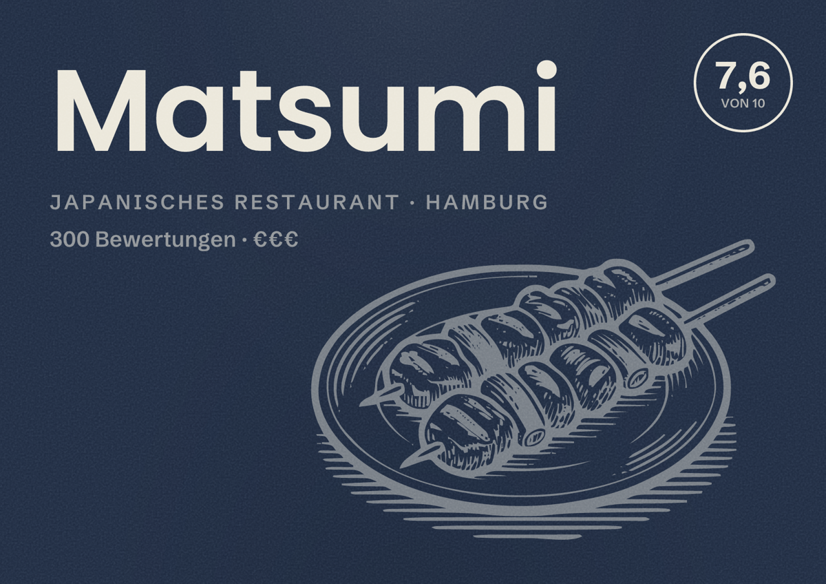 Illustriertes Poster von Matsumi, Japanisches Restaurant in Hamburg: Bewertung 7,6 von 10 aus 300 Bewertungen, Preisniveau €€€