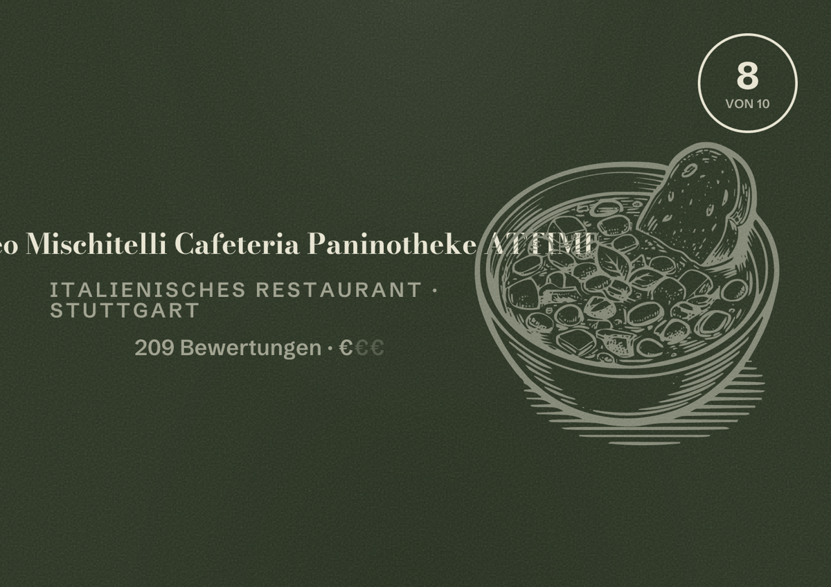 Illustriertes Poster von Matteo Mischitelli Cafeteria Paninotheke ATTIMI, Italienisches Restaurant in Stuttgart: Bewertung 8,0 von 10 aus 209 Bewertungen, Preisniveau €