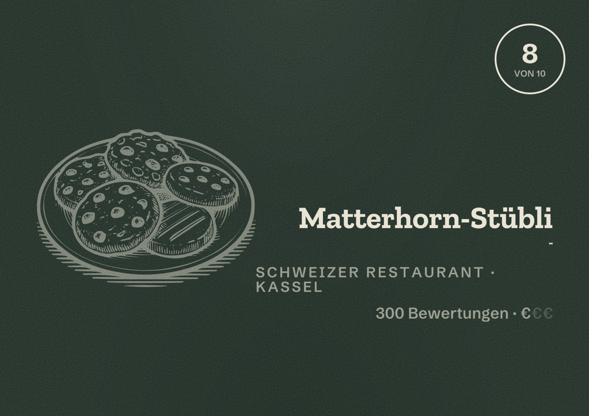 Illustriertes Poster von Matterhorn-Stübli -, Schweizer Restaurant in Kassel: Bewertung 8 von 10 aus 300 Bewertungen, Preisniveau €