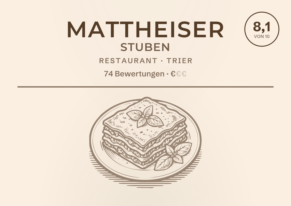 Illustriertes Poster von Mattheiser Stuben, Restaurant in Trier: Bewertung 8,1 von 10 aus 74 Bewertungen, Preisniveau €