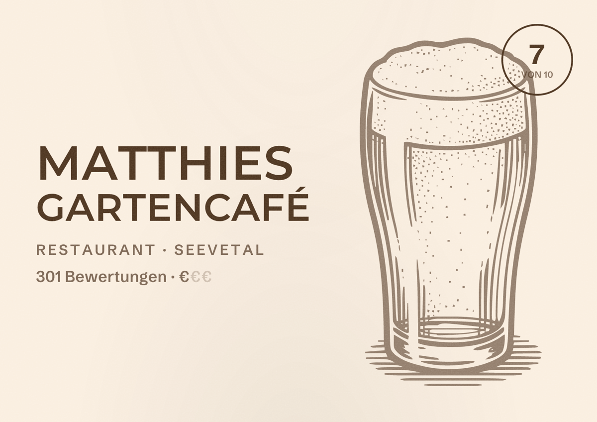 Illustriertes Poster von Matthies Gartencafé, Restaurant in Seevetal: Bewertung 7 von 10 aus 301 Bewertungen, Preisniveau €