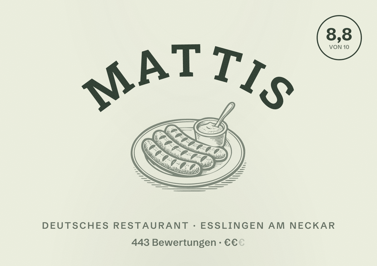 Illustriertes Poster von Mattis, Deutsches Restaurant in Esslingen am Neckar: Bewertung 8,8 von 10 aus 443 Bewertungen, Preisniveau €€