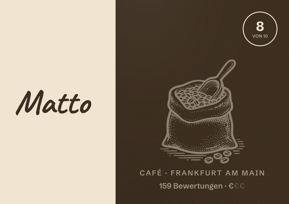 Illustriertes Poster von Matto, Café in Frankfurt am Main: Bewertung 8,0 von 10 aus 159 Bewertungen, Preisniveau €