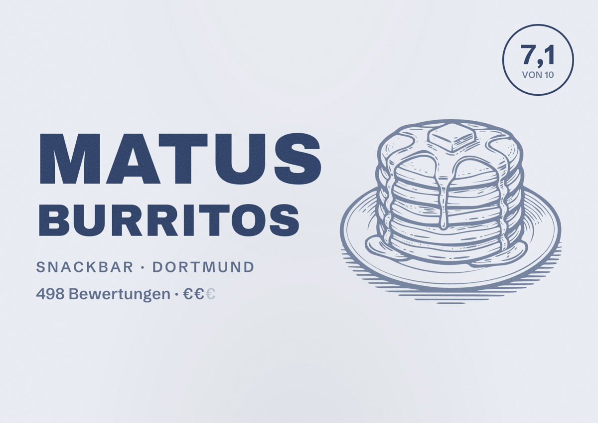 Illustriertes Poster von Matus Burritos, Snackbar in Dortmund: Gästebewertung 7,1 von 10 aus 498 Bewertungen