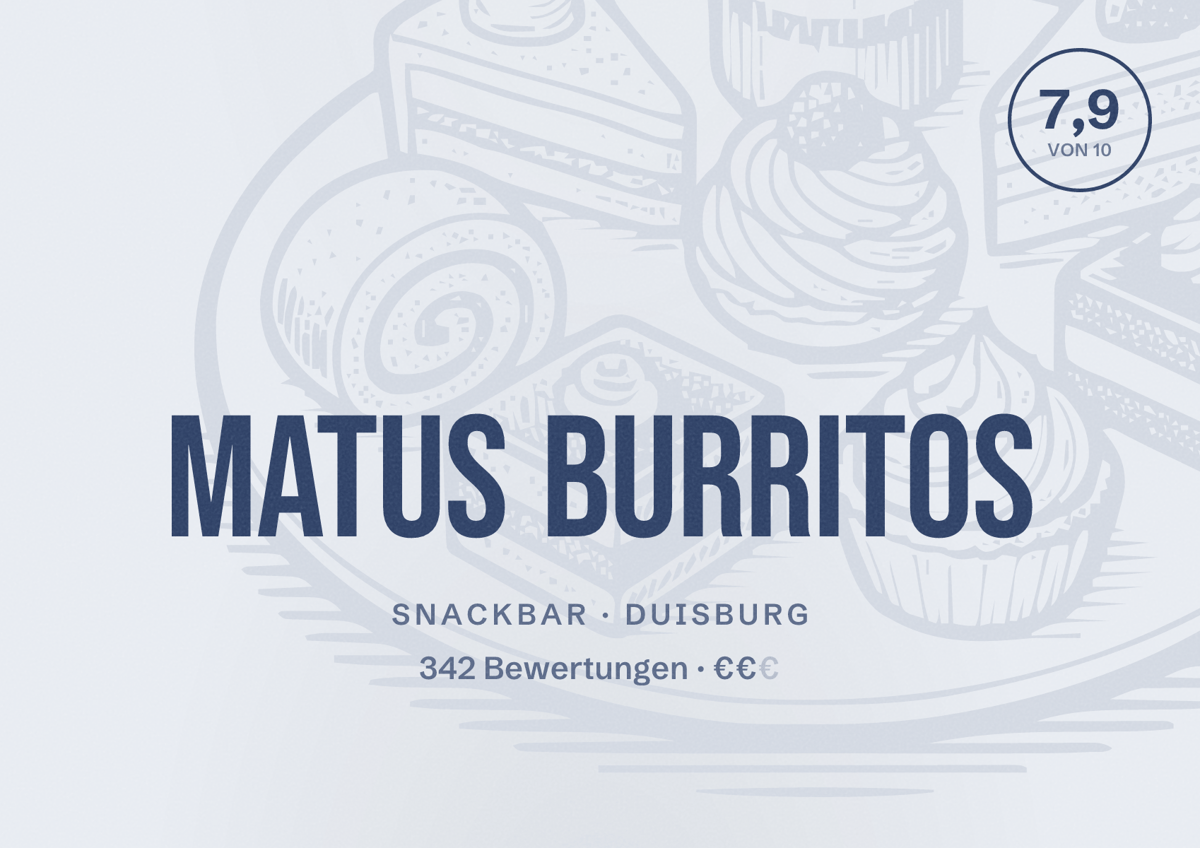 Illustriertes Poster von Matus Burritos, Snackbar in Duisburg: Bewertung 7,9 von 10 aus 342 Bewertungen, Preisniveau €€
