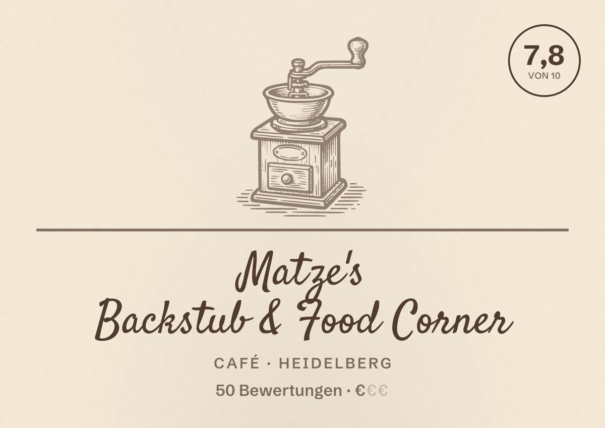 Illustriertes Poster von Matze's Backstub & Food Corner, Café in Heidelberg: Bewertung 7,8 von 10 aus 50 Bewertungen, Preisniveau €