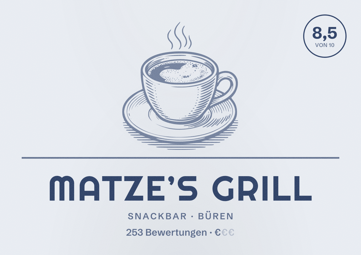 Illustriertes Poster von Matze’s Grill, Snackbar in Büren: Bewertung 8,5 von 10 aus 253 Bewertungen, Preisniveau €
