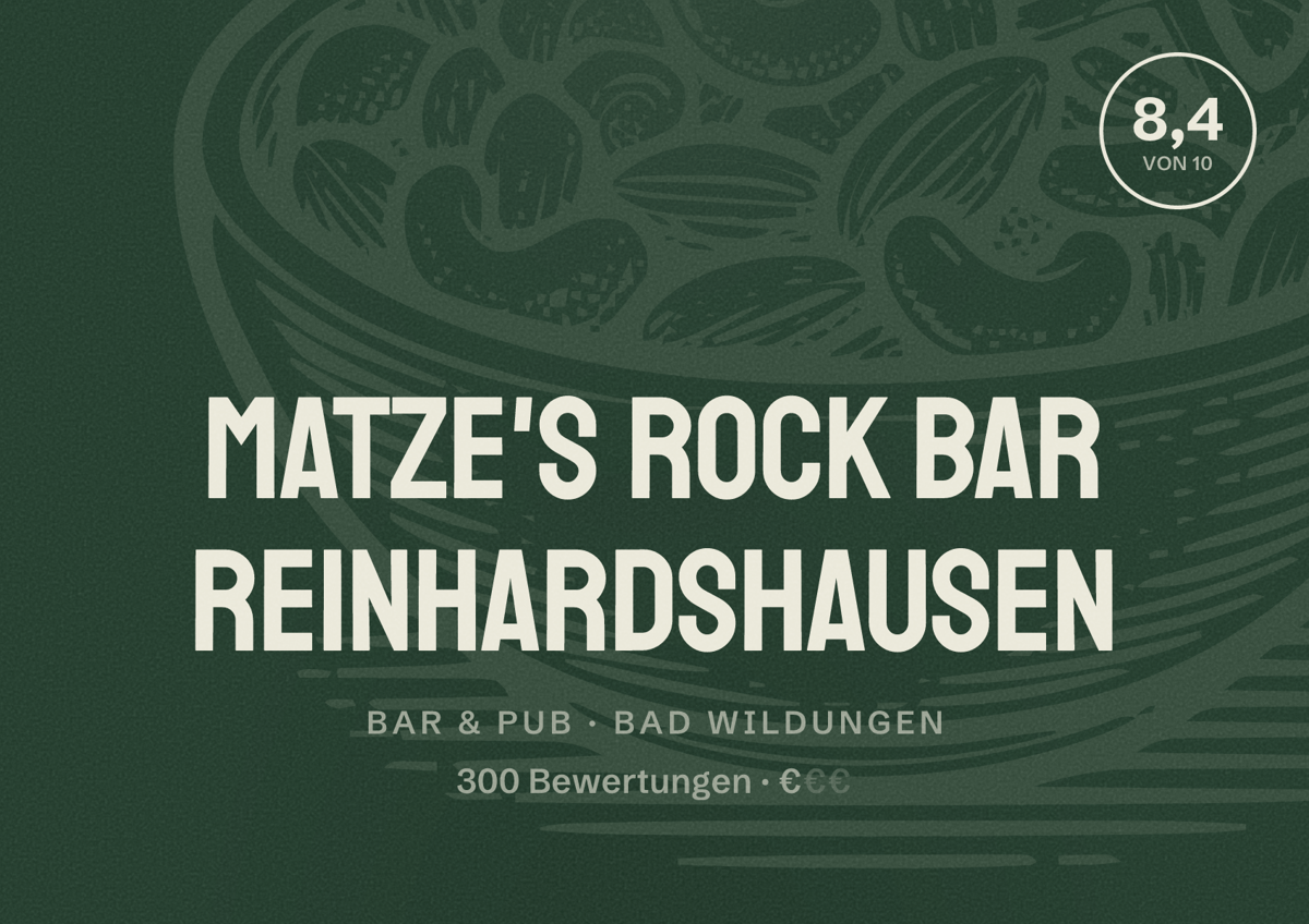 Illustriertes Poster von Matze's Rock Bar Reinhardshausen, Bar & Pub in Bad Wildungen: Bewertung 8,4 von 10 aus 300 Bewertungen, Preisniveau €