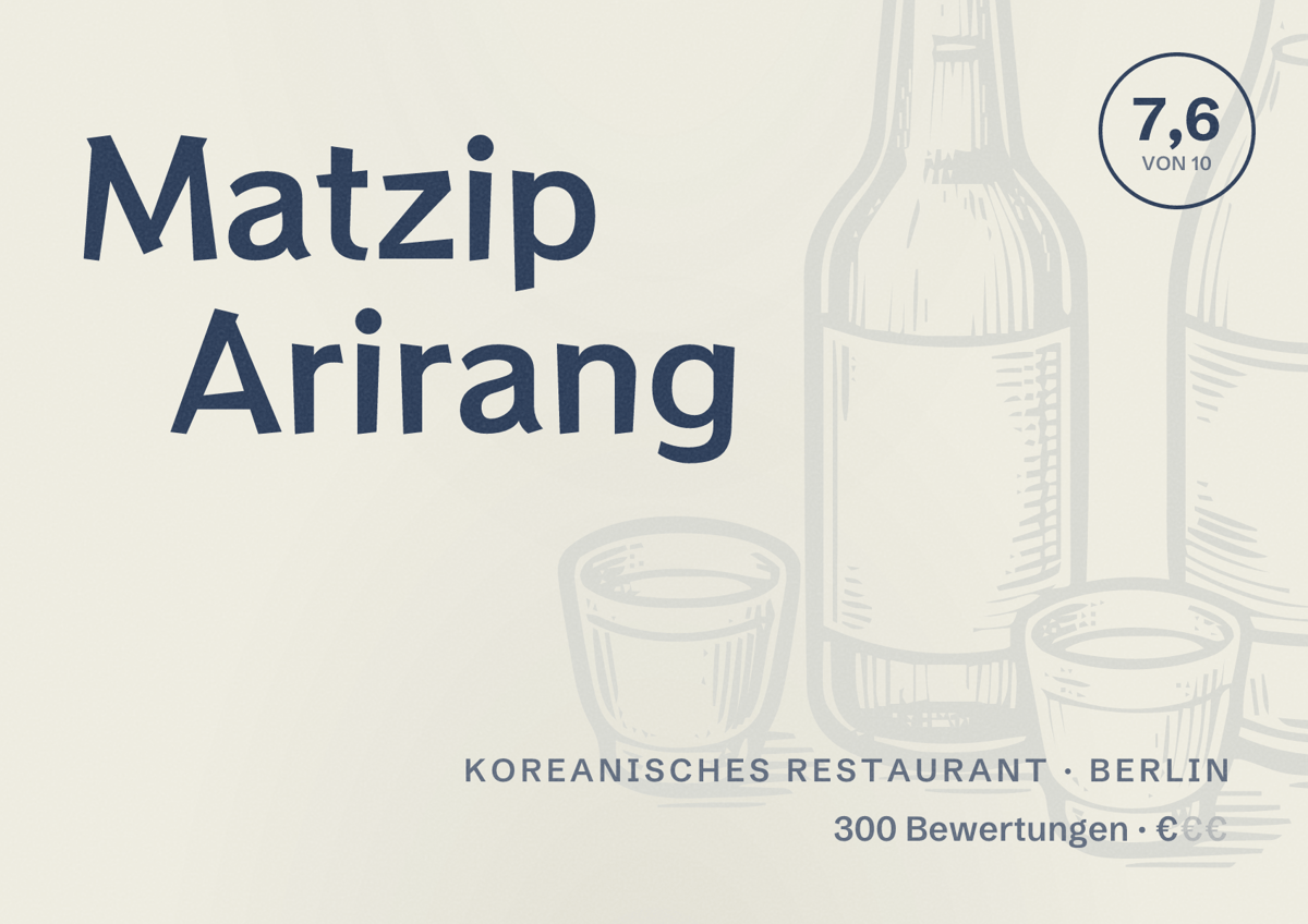 Illustriertes Poster von Matzip Arirang, Koreanisches Restaurant in Berlin: Bewertung 7,6 von 10 aus 300 Bewertungen, Preisniveau €