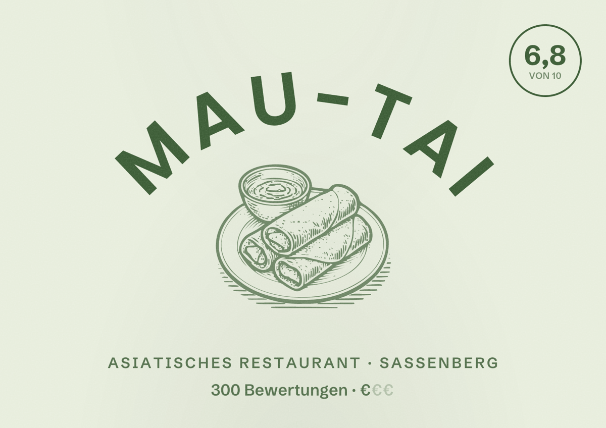 Illustriertes Poster von MAU-TAI, Asiatisches Restaurant in Sassenberg: Bewertung 6,8 von 10 aus 300 Bewertungen, Preisniveau €