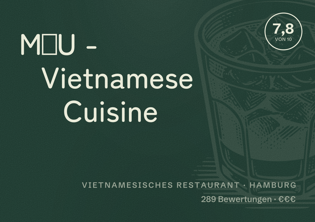 Illustriertes Poster von MẬU - Vietnamese Cuisine, Vietnamesisches Restaurant in Hamburg: Bewertung 7,8 von 10 aus 289 Bewertungen, Preisniveau €€€