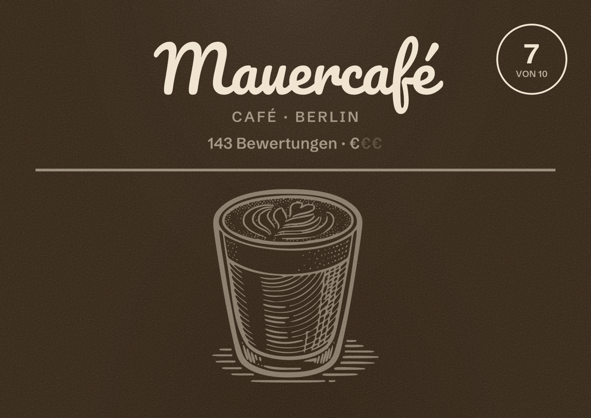 Illustriertes Poster von Mauercafé, Café in Berlin: Bewertung 7,0 von 10 aus 143 Bewertungen, Preisniveau €