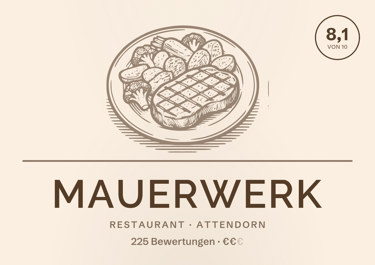 Illustriertes Poster von MAUERWERK, Restaurant in Attendorn: Bewertung 8,1 von 10 aus 225 Bewertungen, Preisniveau €€