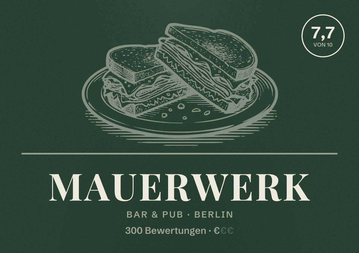 Illustriertes Poster von Mauerwerk, Bar & Pub in Berlin: Bewertung 7,7 von 10 aus 300 Bewertungen, Preisniveau €