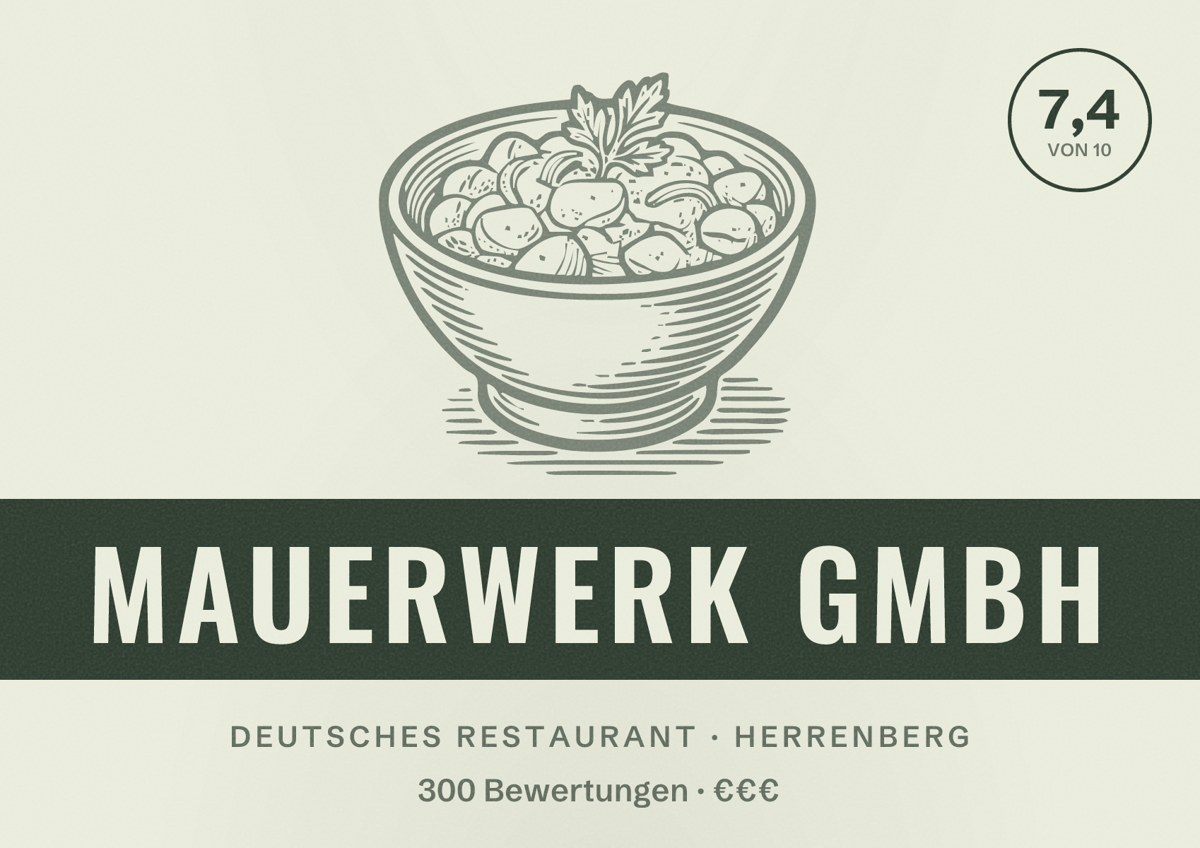 Illustriertes Poster von Mauerwerk GmbH, Deutsches Restaurant in Herrenberg: Bewertung 7,4 von 10 aus 300 Bewertungen, Preisniveau €€€