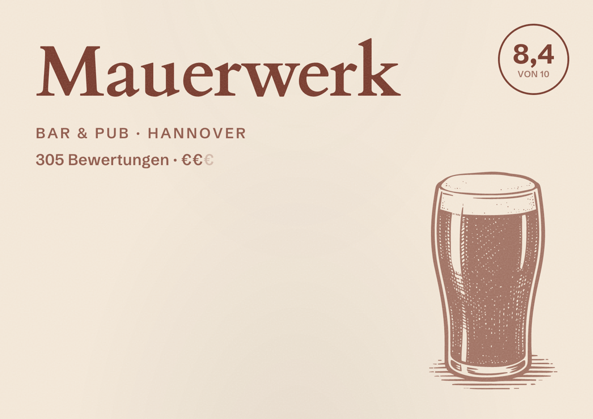Illustriertes Poster von Mauerwerk, Bar & Pub in Hannover: Bewertung 8,4 von 10 aus 305 Bewertungen, Preisniveau €€