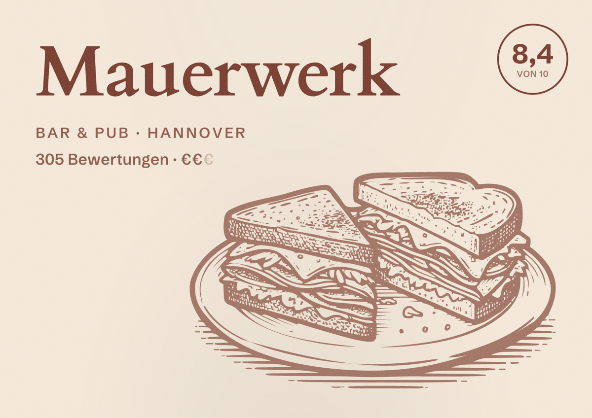 Illustriertes Poster von Mauerwerk, Bar & Pub in Hannover: Bewertung 8,4 von 10 aus 305 Bewertungen, Preisniveau €€
